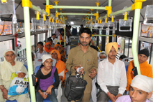 An inside view of one of the ten red buses that have started plying on the city roads under the city bus service in Bathinda, starting Saturday.