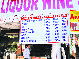 A banner displaying discount on a number of brands put up at a liquor vend in Chandigarh