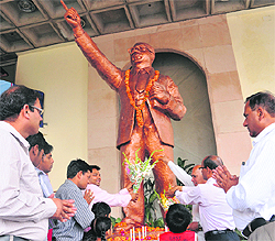 Residents pay homage to Dr Bhimrao Ambedkar on his 121st birth anniversary at