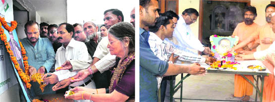 Congress leaders pay floral tributes to Dr BR Ambedkar at Congress Bhavan in Dehradun on Saturday; and (right) people from Valmiki and other communities remember Ambedkar at Valmiki Ashram in Haridwar