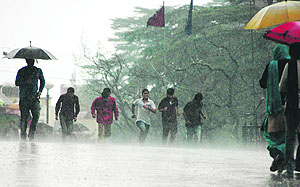 Tourists run for cover as heavy rain lashes Shimla on Saturday.