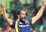Kolkata Knight Riders Yusuf Pathan celebrates after the dismissal of Rajasthan Royals Ashok Mineria during their match at the Eden Gardens in Kolkata on Friday. Knight Riders won by 5 wickets.