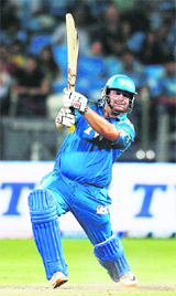 Pune Warriors Jesse Ryder plays a shot against Chennai Super Kings during their match in Pune on Saturday. Pune won the match by 7 wickets. 