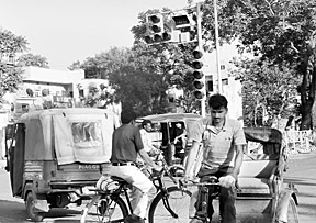 Non-functional traffic lights at the Phase IV and V dividing road in Mohali. 