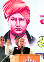 Chief Minister Bhupinder Singh Hooda speaks at the Shatabdi Samaroh of Gurukul, Kurukshetra, on Sunday.