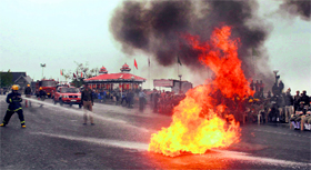 Fire fighters at the Ruby Jubilee celebrations of the HP Fire Services in Shimla on Saturday.