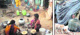 A woman and her daughter prepare food in the Maratha Colony slum area in Jammu; and (right) a man sits outside his shack