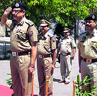 ADGP SK Sharma being accorded salute by a contingent of the city police during his visit to Jalandhar on Sunday