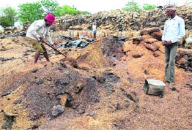 Workers fill damaged paddy in jute bags at a government storage site in Khamano