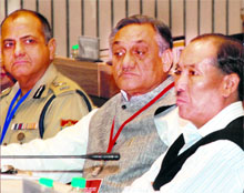 Chief Minister Vijay Bahuguna (centre), Chief Secretary Subhash Kumar and DGP Vijay Raghav Pant at a meeting addressed by the Prime Minister in New Delhi on Monday.