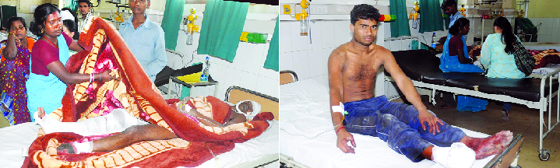 The two labourers who were crippled for life undergo treatment at the Civil Hospital in Jalandhar on Monday.