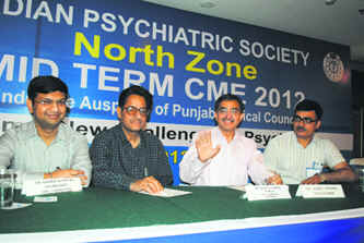Dr Rajeev Gupta (second from right), organising chairman and president of the Indian Psychiatric Society, delivers a talk in a conference in Ludhiana on Monday.