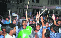 ABVP activists clash with the police during Beef Festival which triggered violence on the Osmania University campus in Hyderabad. 