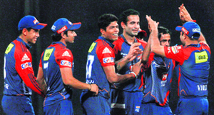Delhi Daredevils celebrate the dismissal of Mumbai Indians Richard Levi during their match in Mumbai on Monday. Daredevils won by 7 wickets.
