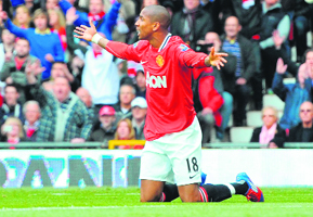 Manchester United's Ashley Young appeals for a penalty during their match against Aston Villa in Manchester on Sunday. Manchester United won 4-0. 