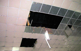 The damaged ceiling of Bachat Bhawan at Nurpur.