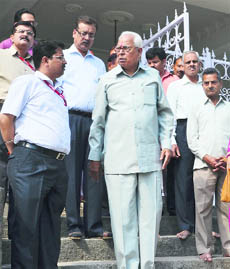 Governor NN Vohra outside Mahadev Temple in Reasi on Tuesday. 