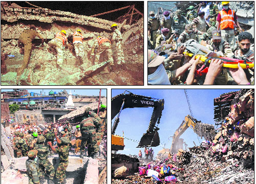 (Clockwise from top) Members of the NDRF team and Army jawans during a rescue operation; a labourer rescued from under the debris; Army engineers trying to cut concrete to rescue trapped labourers, and earthmoving machines in operation to clear the rubble at the factory collapse site in Jalandhar on Tuesday.