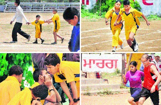 Visually challenged athletes in different moods and actions while taking part in a race on the opening day of the 8th edition of the National Athletics for the Visually Impaired organised by the Punjab Sports Association for the Blind at Baddowal village on Tuesday.