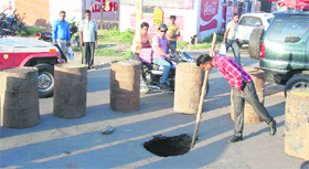 A portion of the road that caved in near Ishmeet Chowk in Ludhiana on Tuesday.