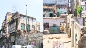 Dilapidated buildings at Kesar Ganj Chowk (left) and Pindi Street in Ludhiana.