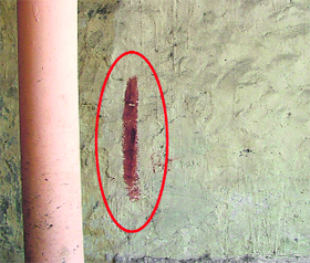 A red mark on a building to be demolished in Chawni Mohalla area of Ludhiana.