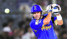 Rajasthan Royals Brad Hodge plays a shot against Deccan Chargers during their match in Jaipur on Tuesday. Rajasthan won the match by 5 wickets.