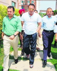 Actor Sanjay Dutt arrives to address a press conference in Amritsar on Wednesday.