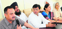 Councillors of the SAD-BJP at a press conference in Sector 33, Chandigarh, on Wednesday. 