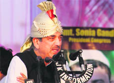 Union Minister Ghulam Nabi Azad addresses a public meeting in Sidhra near Jammu on Wednesday. 
