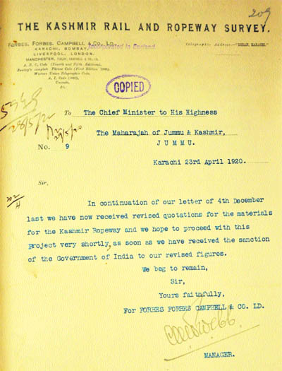 A copy of the official communication between manager of the M/s Forbes Campbell & Co. London and chief minister of Maharaja Partap Singh.