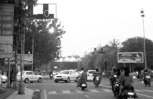 Non-functional traffic lights at Phase VIII in Mohali on Thursday. 