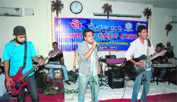 Artistes of Green Chorus, a rock band, gives a performance at the mega audition of Surtarang in Kurukshetra.