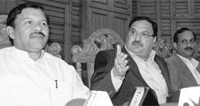 (From left) BJP national secretary Shyam Jaju, party national general secretary JP Nadda and state BJP president Satpal Satti at a press conference in Shimla on Thursday.