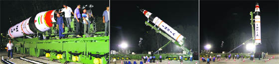 (L-R) Agni V is wheeled in, put into position and readied for the big launch