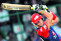 Delhi Daredevils Kevin Pietersen plays a shot during their match against Deccan Chargers in New Delhi on Thursday