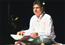 Well-known script writer Irshad Kamil reads out Hindi play Bolti Deewarein at the Tagore Theatre in Chandigarh on Friday. 