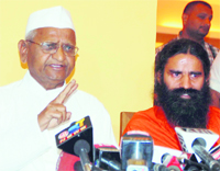 Anna Hazare and Baba Ramdev address a joint press conference in Gurgaon