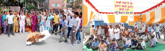 Members of the Special Trainer Teachers' Union (left) burn an effigy of the Punjab Government in front of the Bathinda Mini-secretariat; shopkeepers protest against the demolition drive launched by the Improvement Trust at Rose Garden on Saturday.