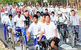 Students take part in the ‘Go Green Cycle Rally’ in Chandigarh on Saturday