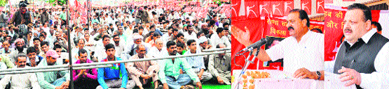 Minister for Industries and Commerce Surjeet Singh Slathia (second from right) and Political Adviser to Chief Minister Devinder Singh Rana address a public meeting in Jammu on Saturday.