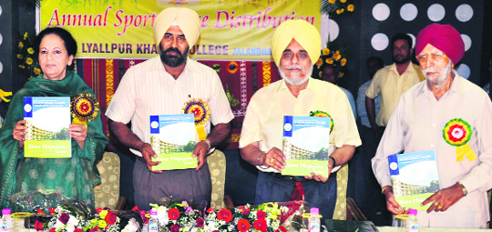 Balbir Kaur, president of Lyallpur Khalsa College governing council, SAD MLA Pargat Singh and principal Jaspal Singh Randhawa release a news magazine during the annual sports distribution function in the college in Jalandhar on Saturday. 