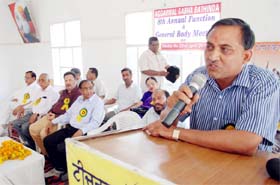 Ashok Kumar Dhunike address members of the Aggarwal Sabha during the annual function of the organisation at the Teachers' Home in Bathinda on Sunday