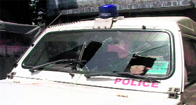 A damaged police vehicle at Sadhora police station, Yamunanagar, on Sunday.