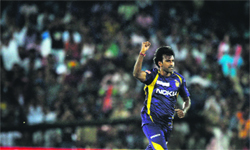 KKRs Laxmipathy Balaji celebrates after taking the wicket of Deccan Chargers Kumar Sangakkaraduring during their match in Cuttack on