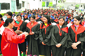 A teacher presents degrees to students of Govt Girls College, Karnal, during the convocation on Monday. 