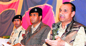 SSP, Srinagar, Ashiq Bukhari (extreme right) addresses a press conference in Srinagar on Monday.