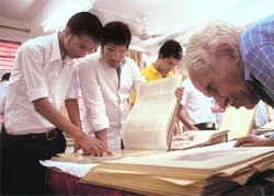 Visitors at an exhibition of rare books organised by the Department of Libraries and Research at SRS Library in Jammu on Monday. 