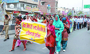 Members of SSA/RMSA Teachers Union hold a protest march in support of their demands in Bathinda on Tuesday.