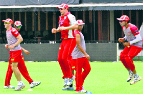 Players of Kings XI Punjab practise at the PCA Stadium in Mohali on Tuesday.